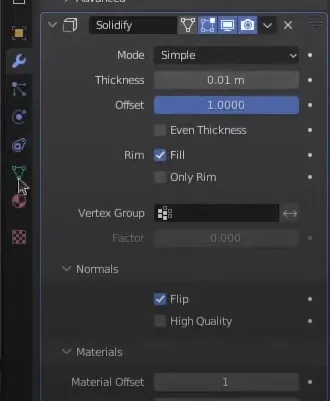 The Solidify modifier properties