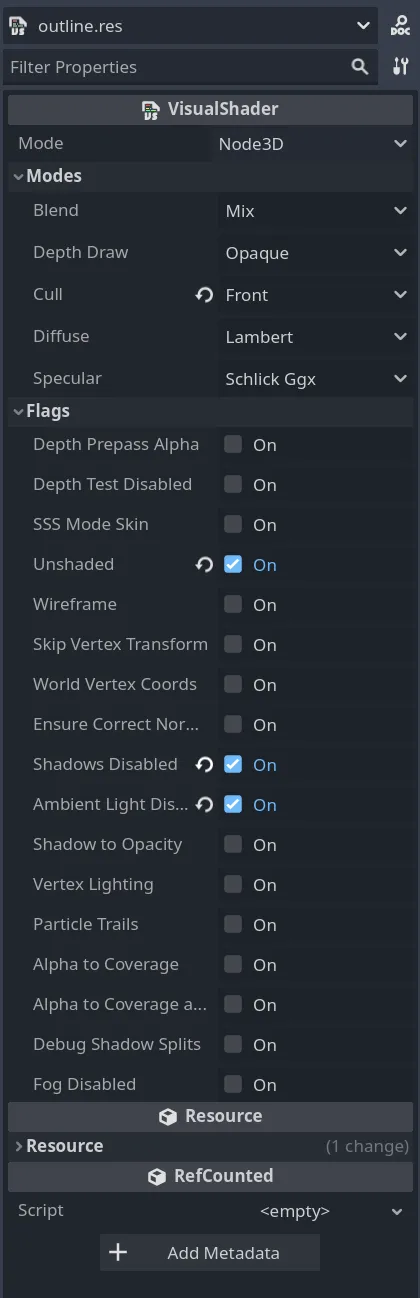 Settings for the Outline shader in Godot