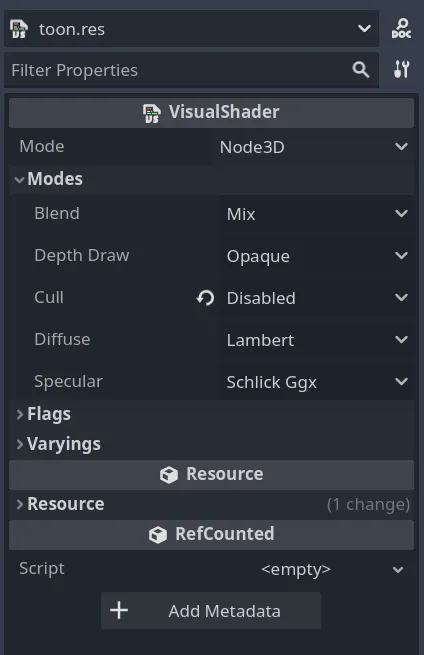 Settings for the Base shader in Godot